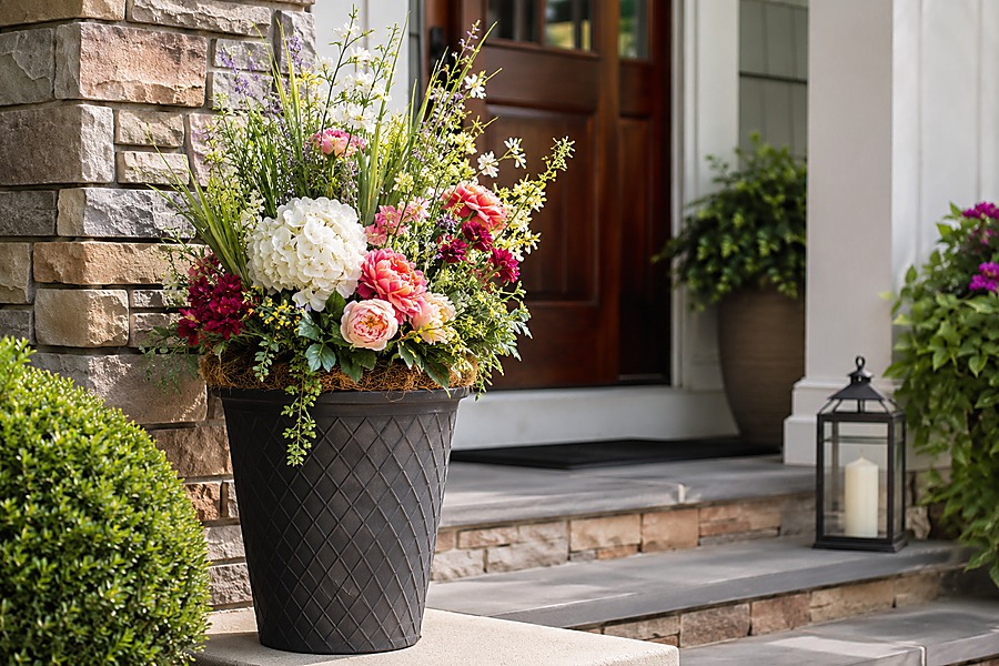 filling outdoor planter with artificial flowers, arranging vibrant faux blooms in garden planter