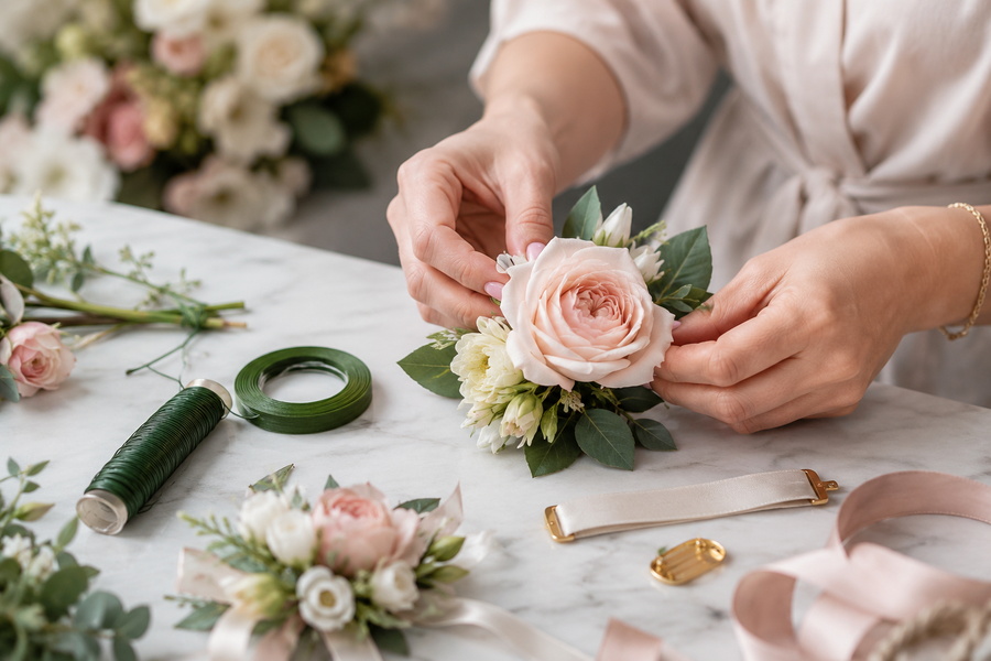 Hands making a corsage with faux flowers and ribbon