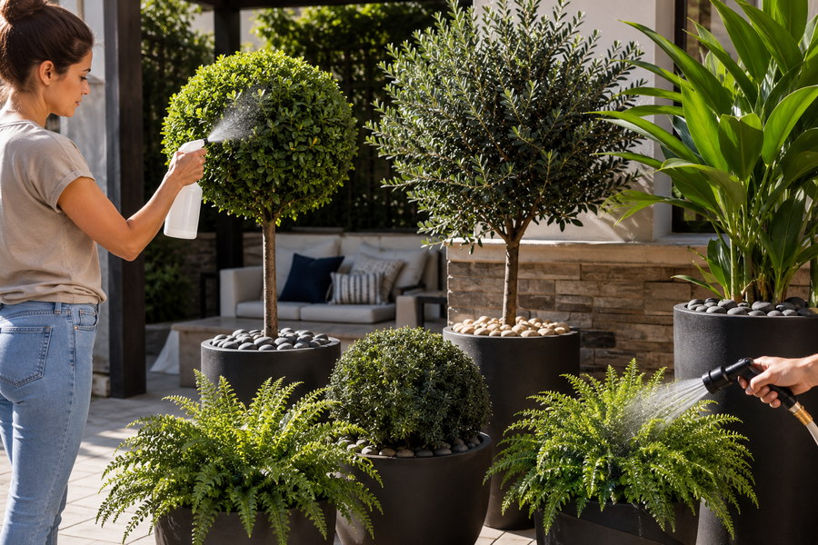 Artificial outdoor plants protected from sun and rain in a garden setting