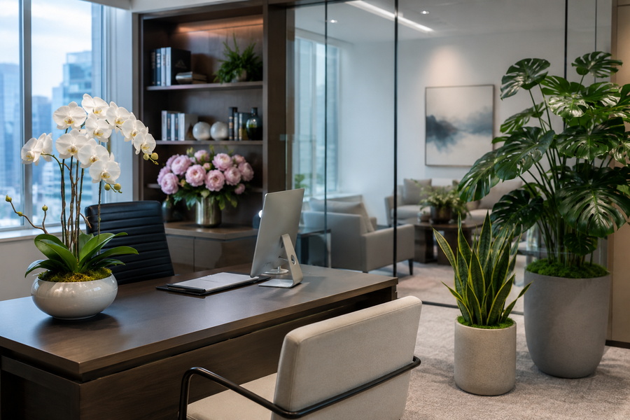 Artificial flowers arranged for elegant office decoration