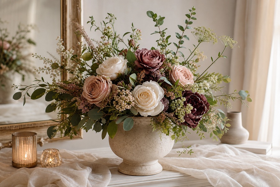 Budget-friendly faux flowers arranged to create an elegant luxury floral display