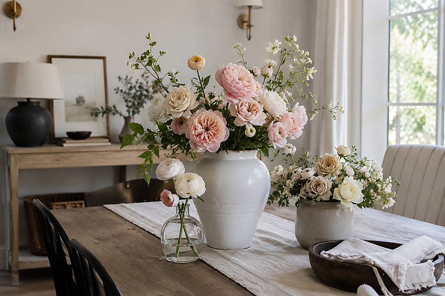 Realistic faux flowers styled naturally in elegant home decor