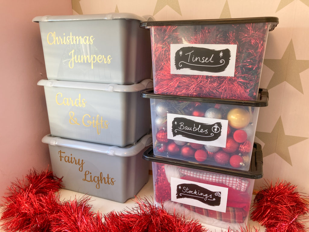 labeled storage boxes for faux flower garlands