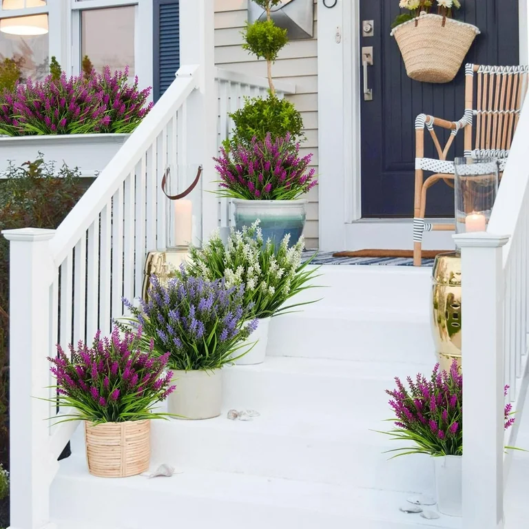 cleaning artificial flowers on outdoor patio