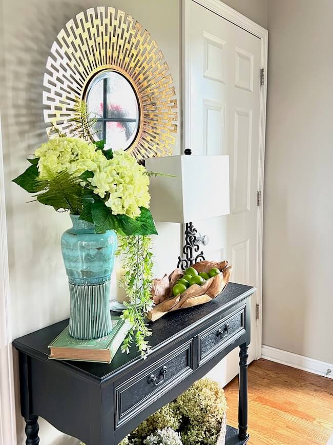 Before and after faux flower styled entry