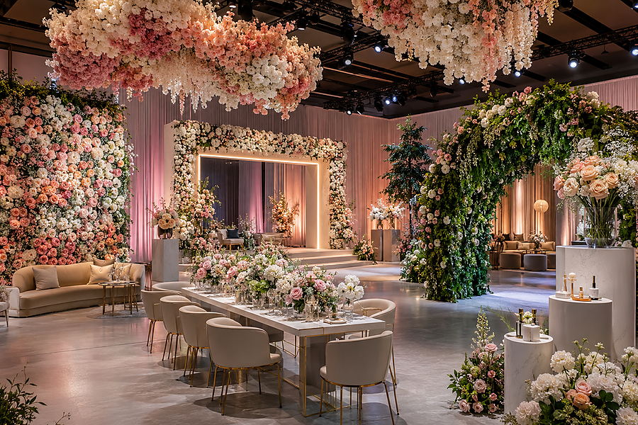 Creative faux flower installations designed for corporate event decor