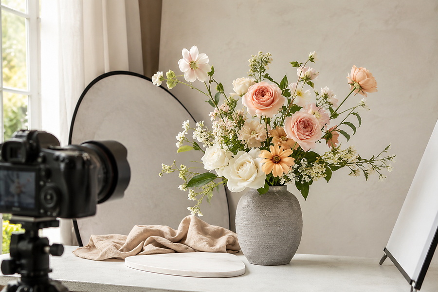 Faux flowers photographed professionally with soft lighting and elegant styling