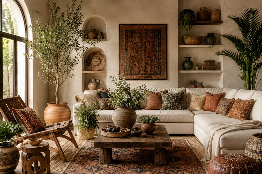 Artificial plants styled for multicultural global home decor