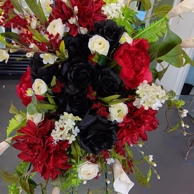 faux flower arrangement mistakes: overstuffed faux bouquet with tight blooms