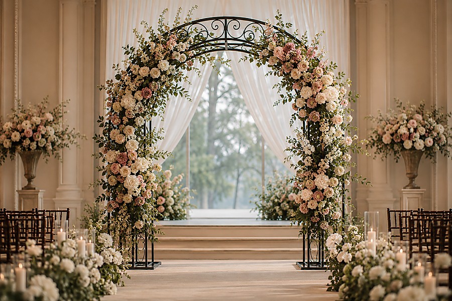 Wedding arch ideas with artificial flowers and iron frames