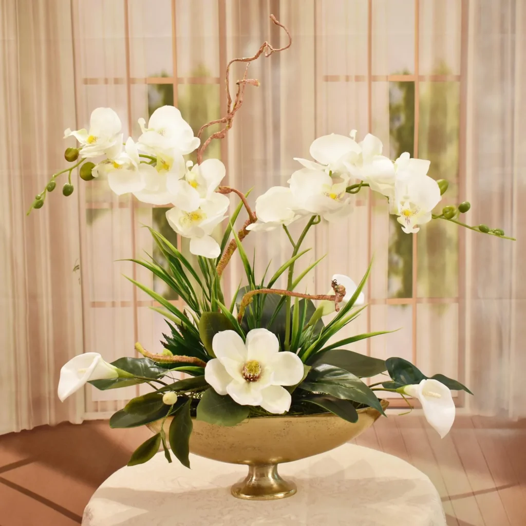 white faux floral designs with Faux Orchids