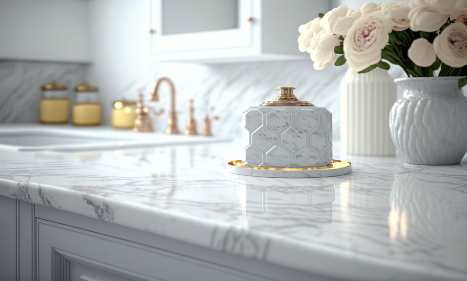 White Faux Roses on Marble Surface