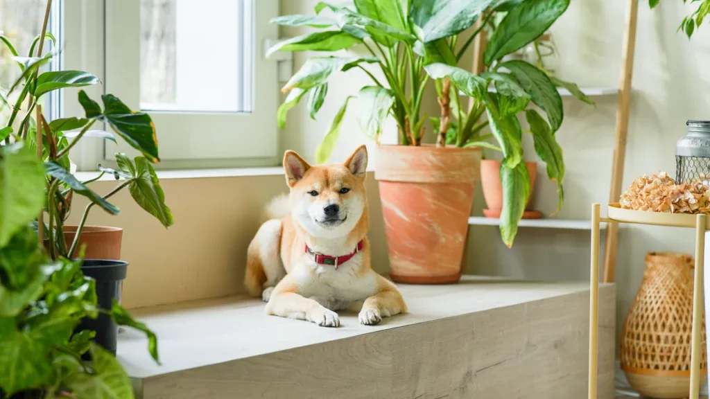 dog near real plants that are not pet friendly