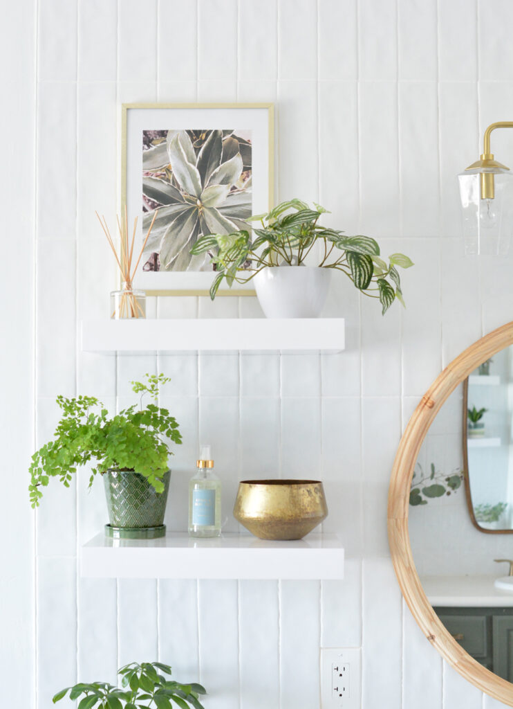 faux greenery for interiors on open shelving