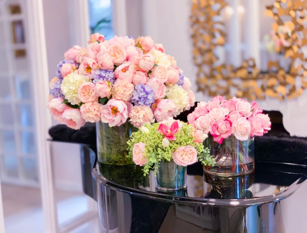 seasonal faux flower display setup