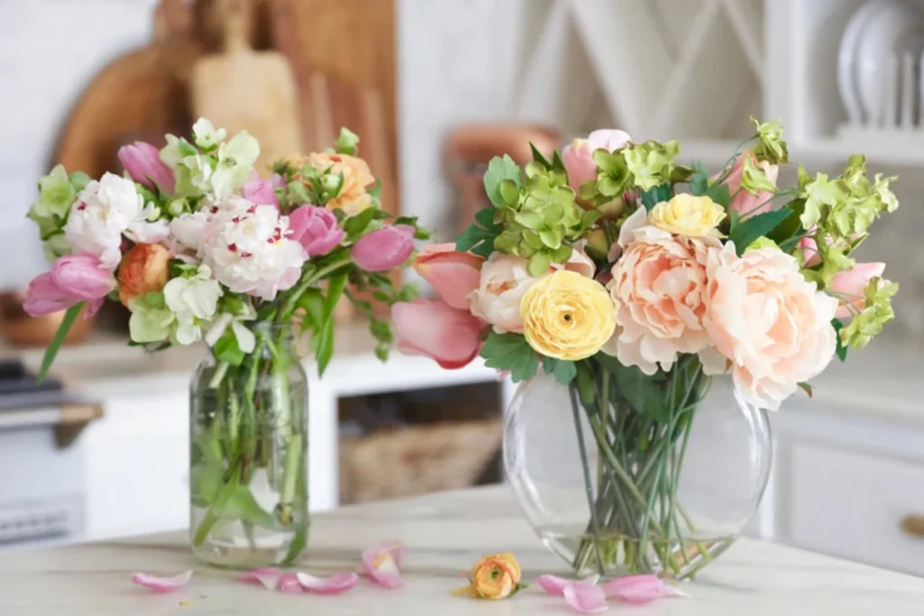 home silk flower arrangement setup