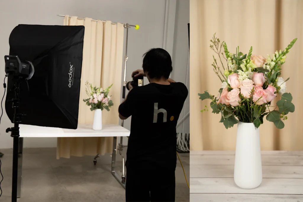 soft light studio setup for faux flower shoot