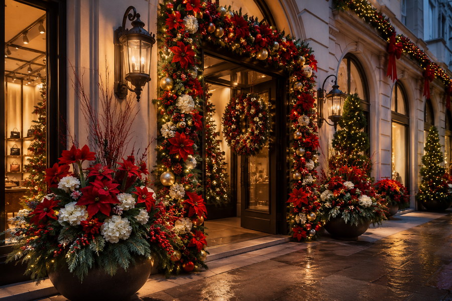 Artificial Christmas flowers creating festive outdoor retail display decor
