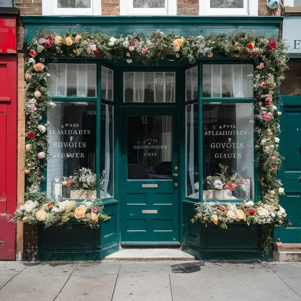 Retail storefront with artificial flowers
