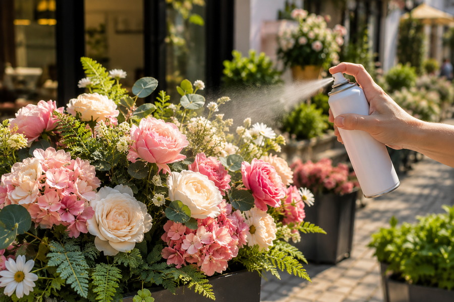 Protective spray helps artificial flowers resist fading outdoors