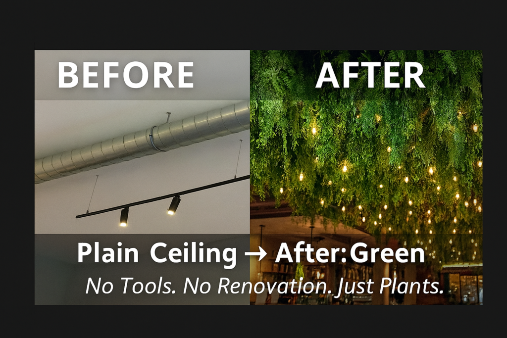 Before and after transformation of a commercial ceiling, showing a plain industrial ceiling on the left and a lush faux greenery ceiling with string lights on the right