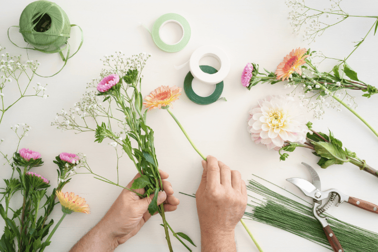supplies to make a bouquet with silk flowers