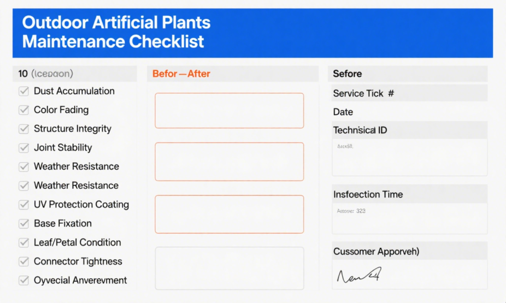 outdoor artificial plants maintenance checklist documentation before after log service ticket