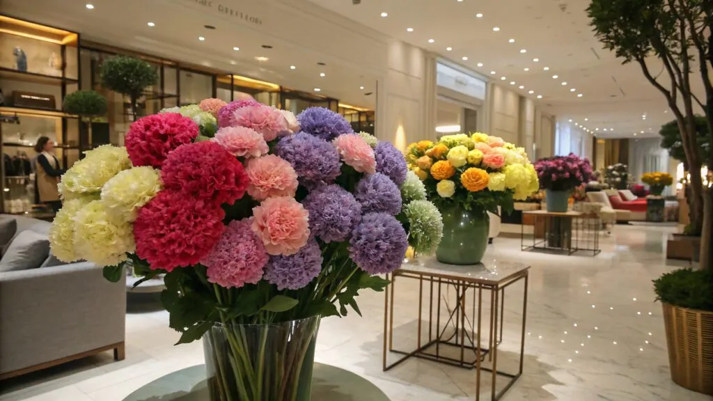Luxury hotel lobby featuring premium faux flower arrangements