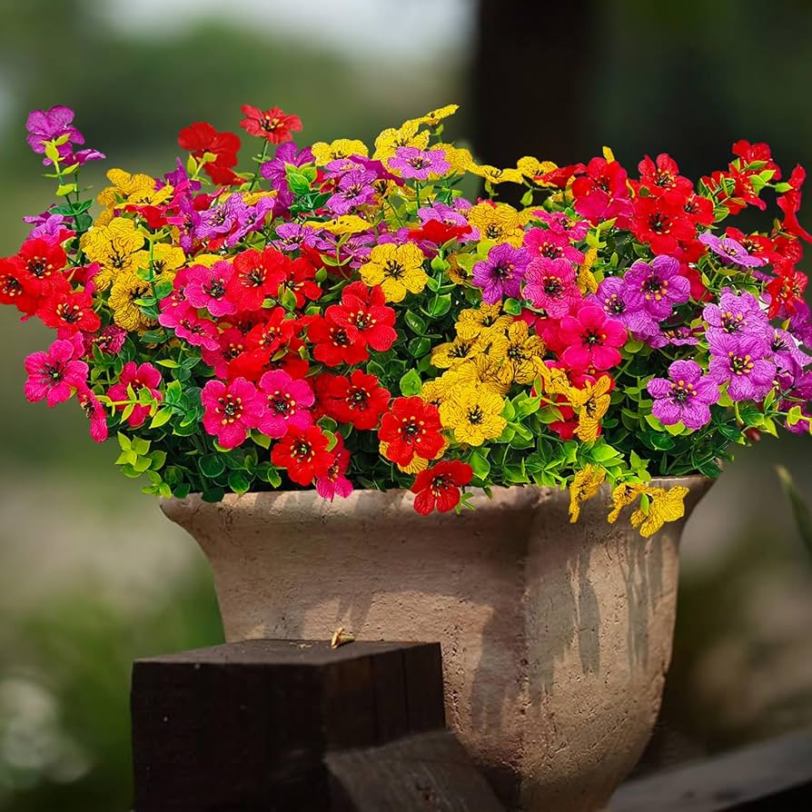 secure outdoor artificial flowers with heavy base and compact shape