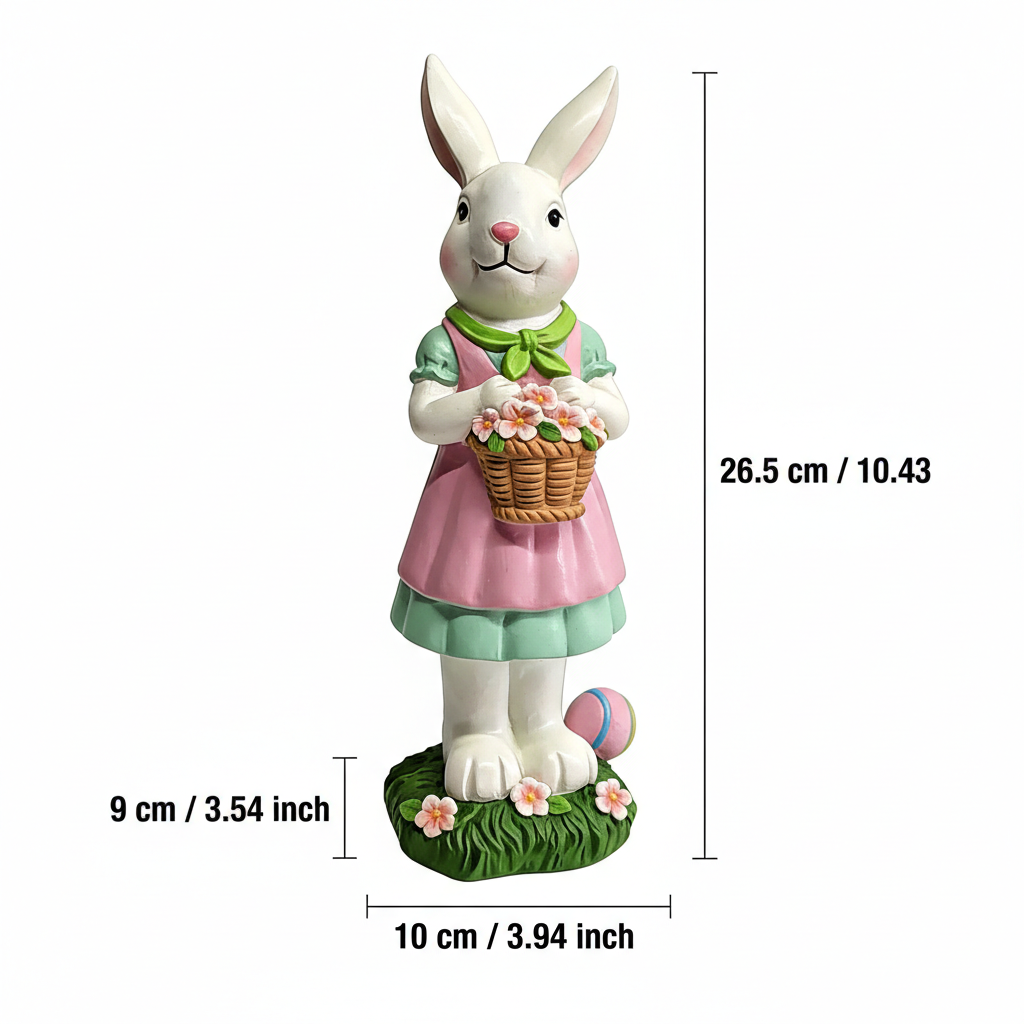 Easter rabbit ornament Mrs figurine Miss Art Deco matte resin bunny holding flower basket on white background