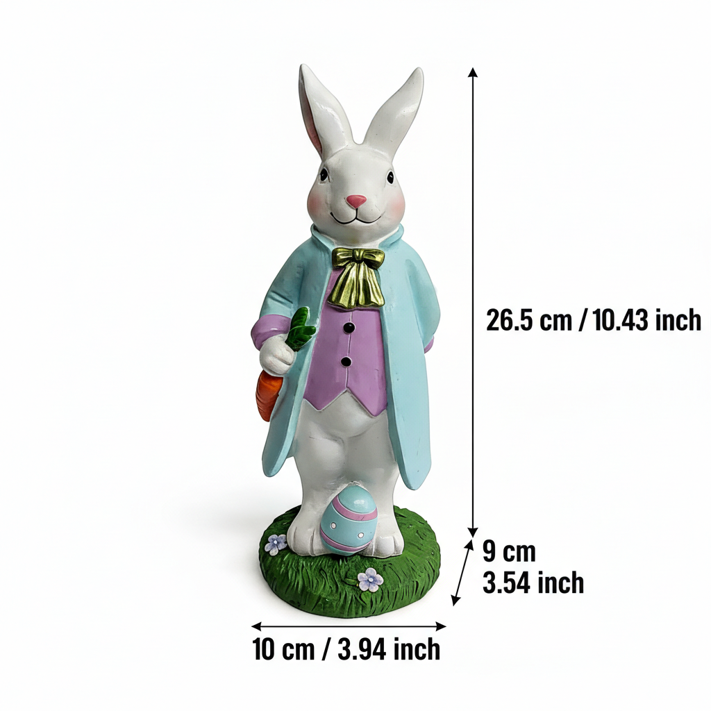 Easter rabbit ornament Mr figurine Mr Art Deco matte resin bunny holding carrot with pastel egg base on white background