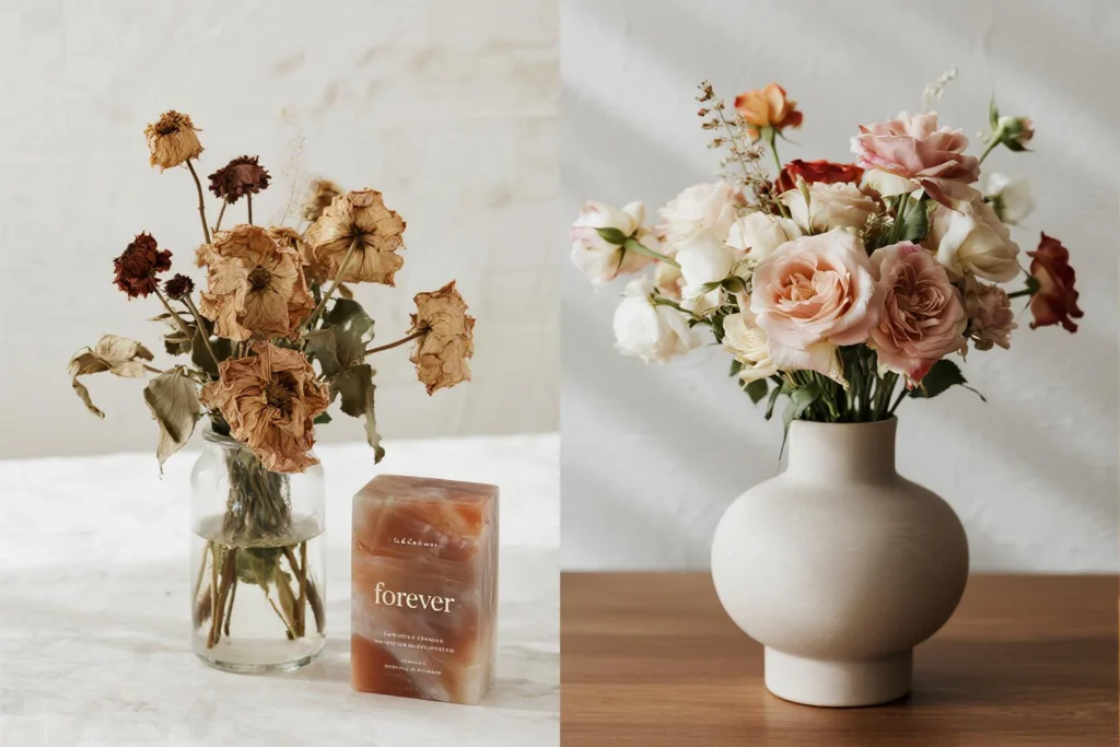 side by side artificial arrangement vs wilting real bouquet