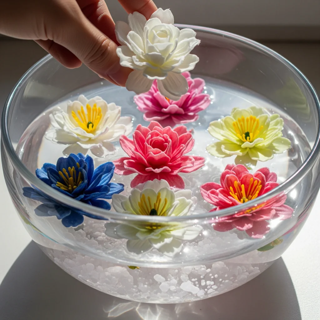 dipping artificial flower stems in a basin of soapy water to clean silk flowers gently