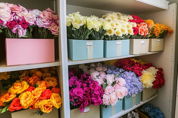storing faux flowers in clean dry warehouse shelves