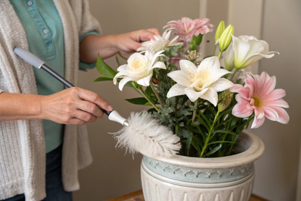 safe dry cleaning method for silk flowers with soft brush and cool air