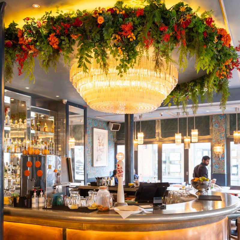 artificial flower wall and ceiling decor ideas for restaurants