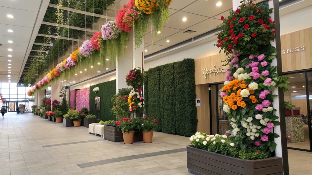 commercial artificial flowers in planters displays