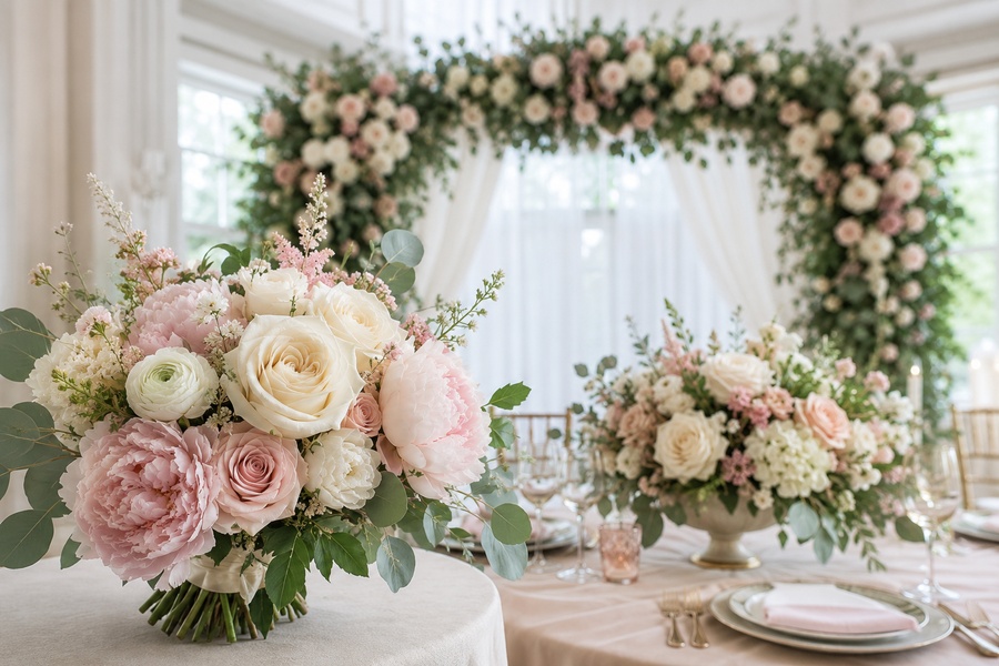 Elegant artificial wedding flowers arranged for romantic bridal ceremony decor