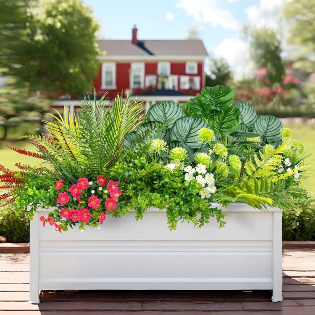 fake flowers in outdoor planters natural entrance display