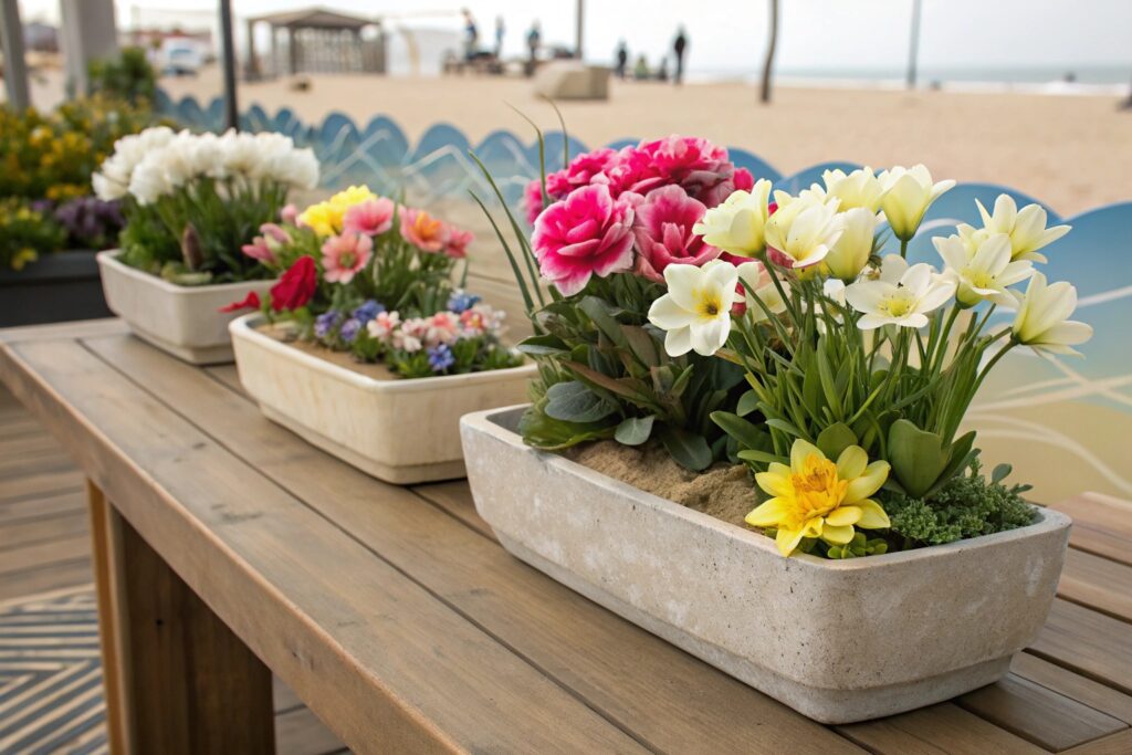 layered arrangement of fake flowers in outdoor planters