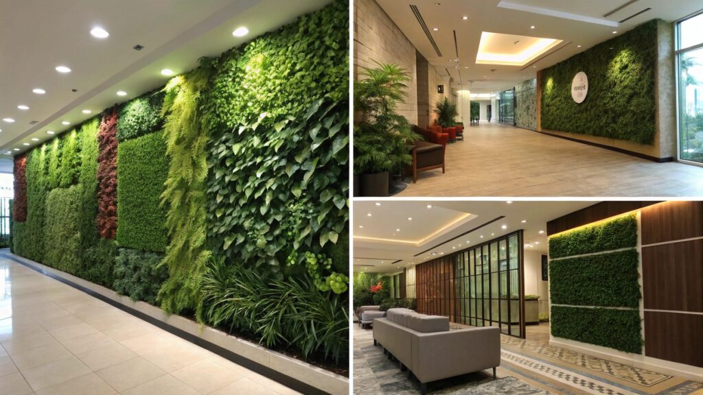 artificial green wall panels vs live plant wall for commercial interiors
