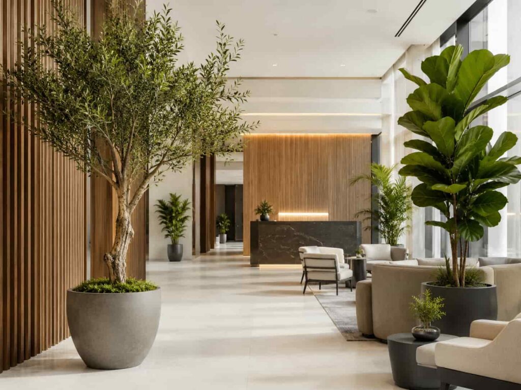 artificial plants for office decoration in modern office lobby