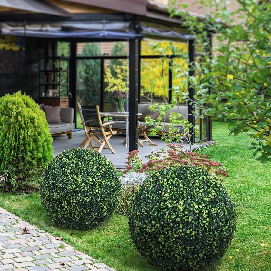 artificial topiary balls outdoor UV resistant dense greenery quality