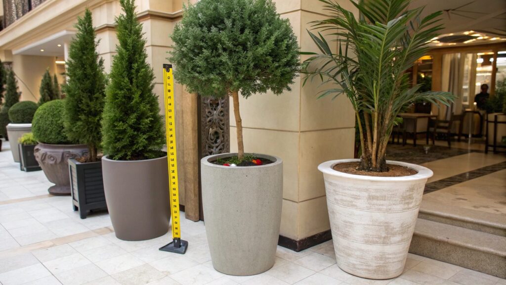 quality inspection of large artificial trees for business interiors including trunk leaves height and pot