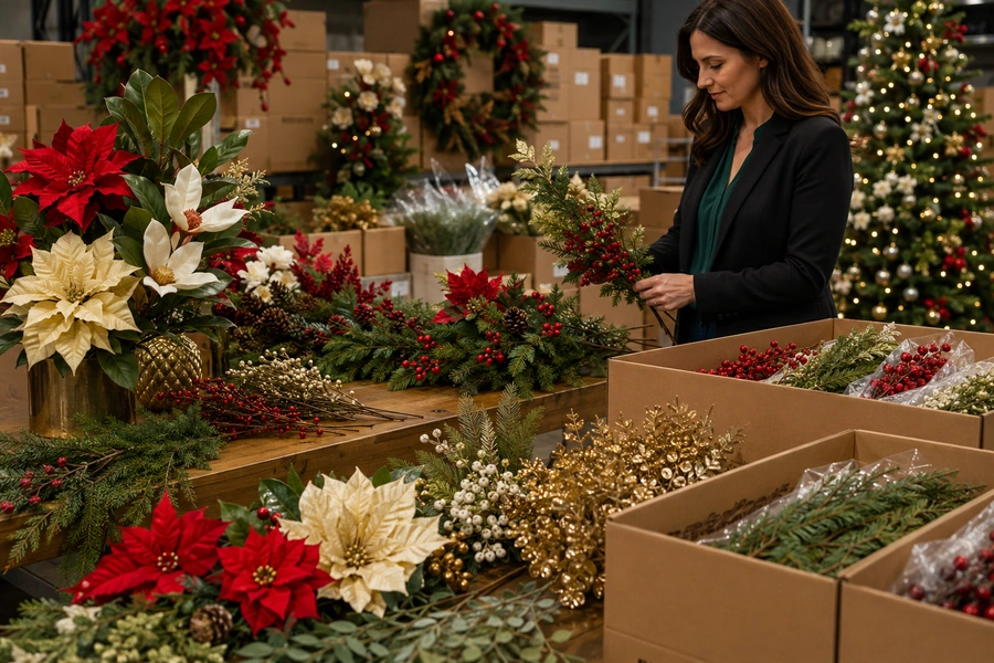 Wholesale Christmas faux florals for seasonal retail and event decor