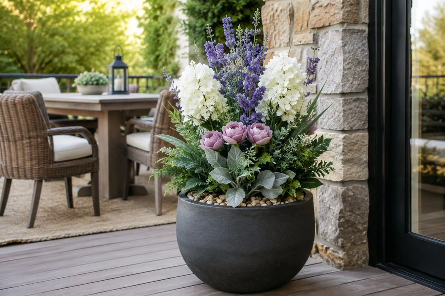 Artificial flowers secured outdoors to prevent wind damage and displacement