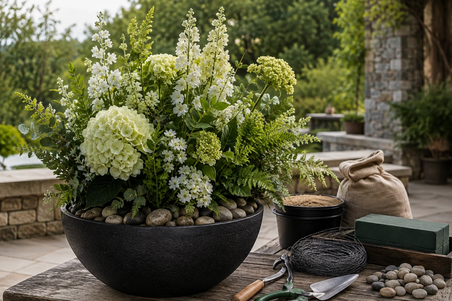 Artificial flowers potted with durable outdoor fills for lasting arrangements
