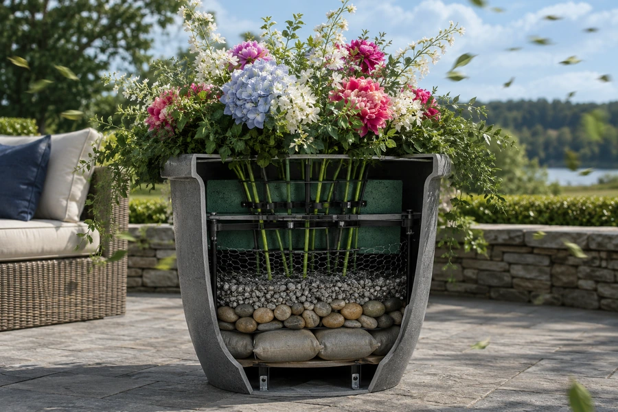 Outdoor artificial flowers secured with eleven wind-proof fixes for lasting stability