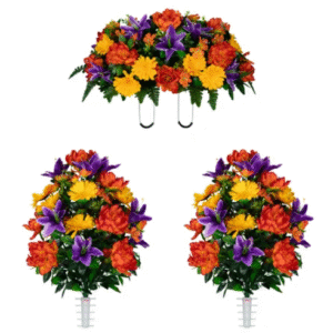 close up of artificial tombstone flowers with realistic petals and greenery