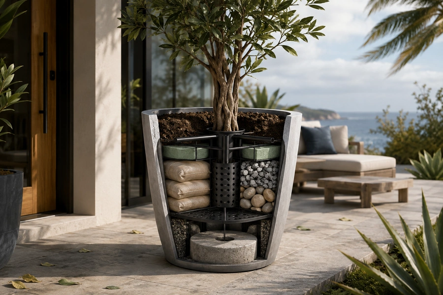 Artificial plant pot filled with unshakeable outdoor materials for lasting stability